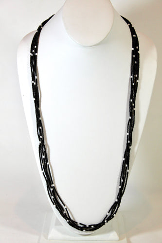 5 Strand Long Necklace - Black & Pearl