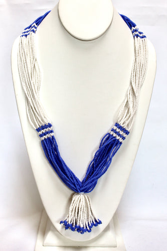 Nuer Tassel Necklace - Medium Blue & White
