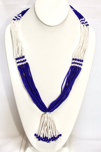 Nuer Tassel Necklace - Royal Blue & White