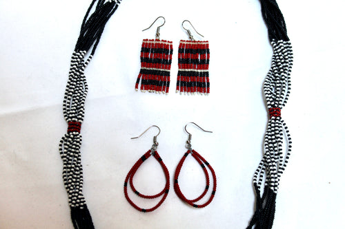 Shilluk Necklace with Two Pairs Earrings - Black, White & Dark Red