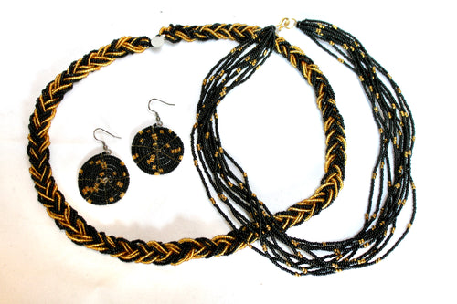 Braided Necklace & 10 strand Necklace with Disk Earrings - Gold & Black