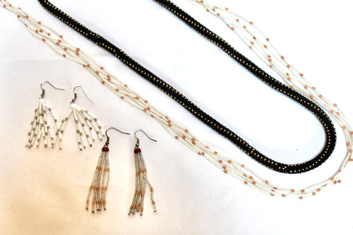 Two Necklaces with Two Pairs Earrings - Pearl, Black & Gold