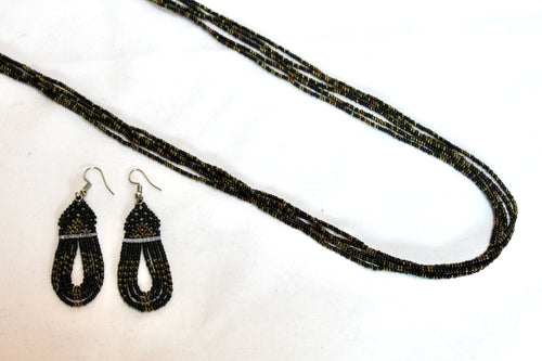 Long Necklace with Woven Loop Earrings - Sparkly Black