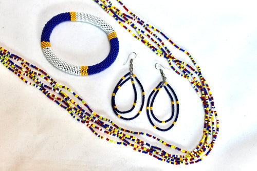 Long Necklace with Woven Bracelet and Teardrop Earrings - Blue & Yellow