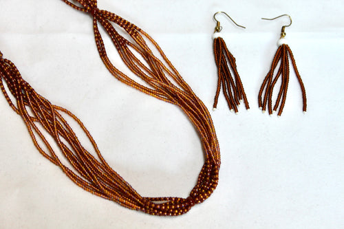 Shilluk Necklace with Tassel Earrings - Copper Brown