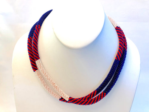 Knitted Rope Necklace - White, Red & Navy Blue