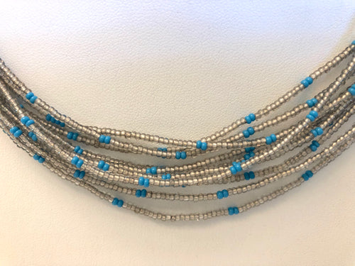 5 Strand Long Necklace -  Clear & Sky Blue