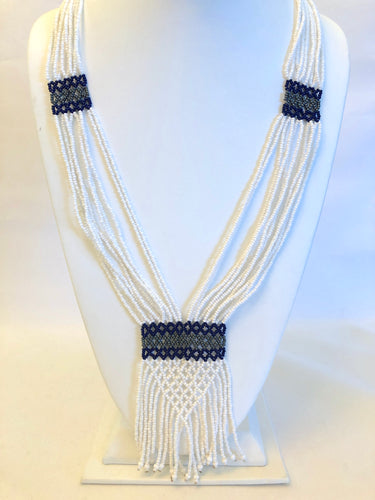 Geometric Shilluk Necklace - White with Navy & Pewter