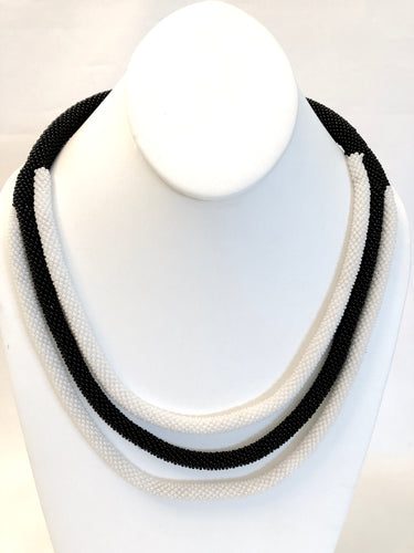 Knitted Triple Rope Necklace - Black & White Pearl