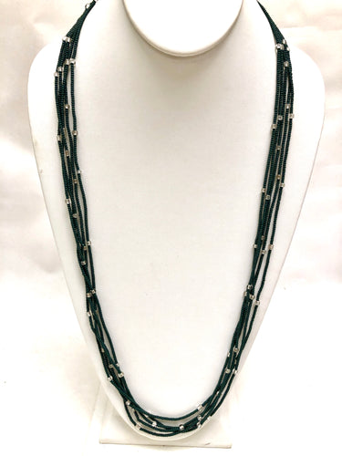 5 Strand Long Necklace -  Dark Green & Clear