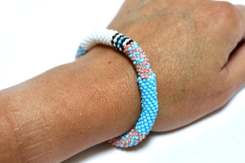 Bracelet - Knitted White, Aqua & Pink