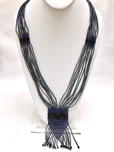 Geometric Shilluk Necklace - Pewter, Navy & Black