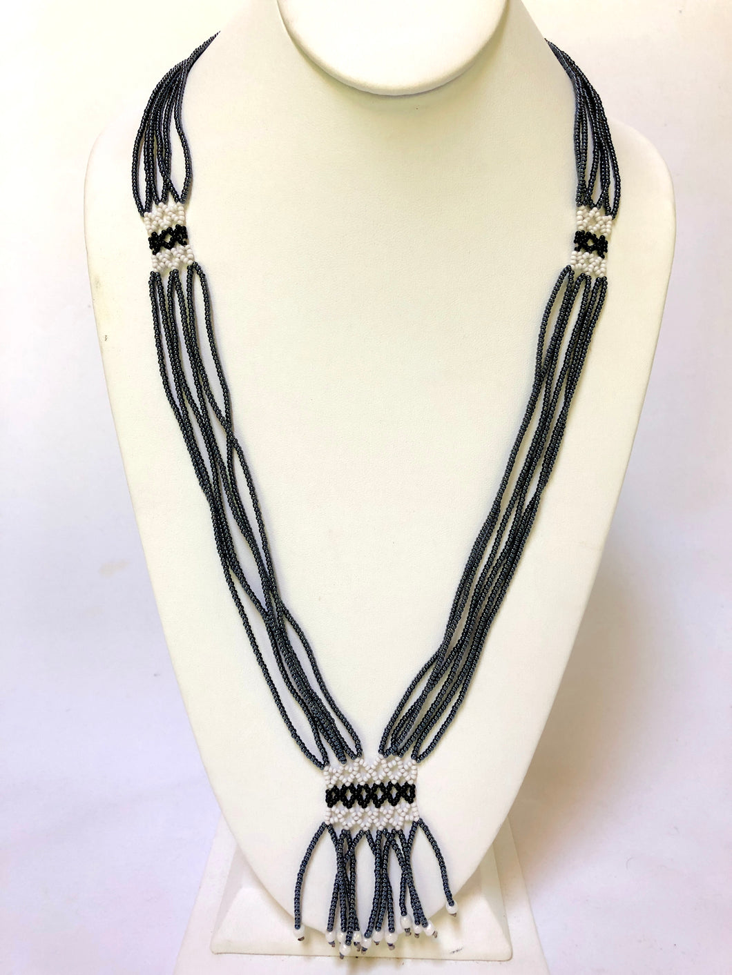 Small Geometric Shilluk Necklace - Pewter, Black & White