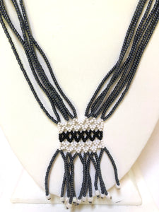 Small Geometric Shilluk Necklace - Pewter, Black & White