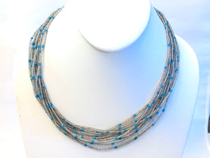 5 Strand Long Necklace -  Clear & Sky Blue