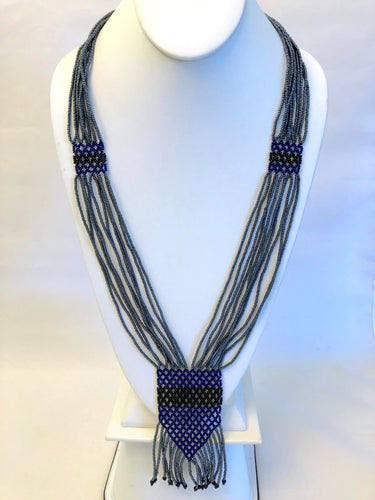 Geometric Shilluk Necklace - Pewter with Navy & Black