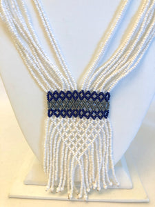 Geometric Shilluk Necklace - White with Navy & Pewter