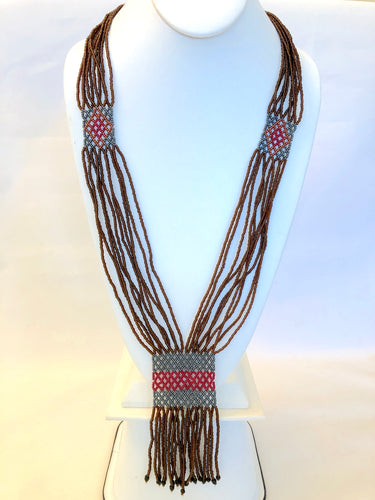 Geometric Shilluk Necklace - Brown, Pewter & Red