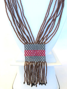 Geometric Shilluk Necklace - Brown, Pewter & Red