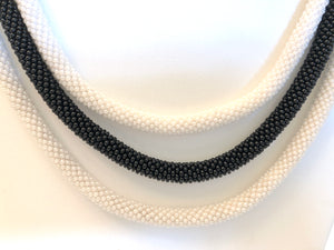 Knitted Triple Rope Necklace - Black & White Pearl