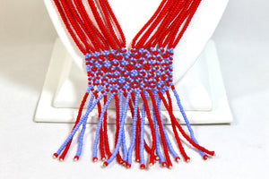 Geometric Shilluk Necklace - Bright Red & Light Blue