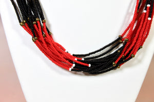 15 Strand Necklace - Red, Black, White & Gold