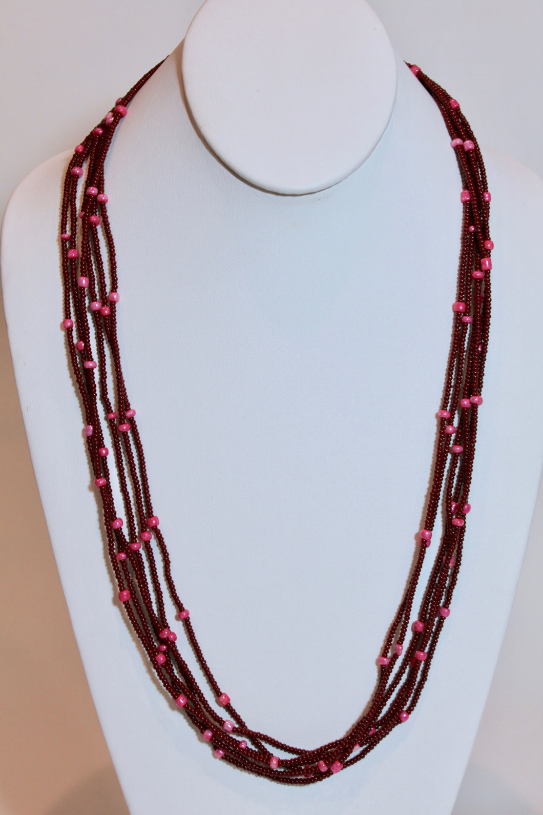 5 Strand Long Necklace - Brown & Pink