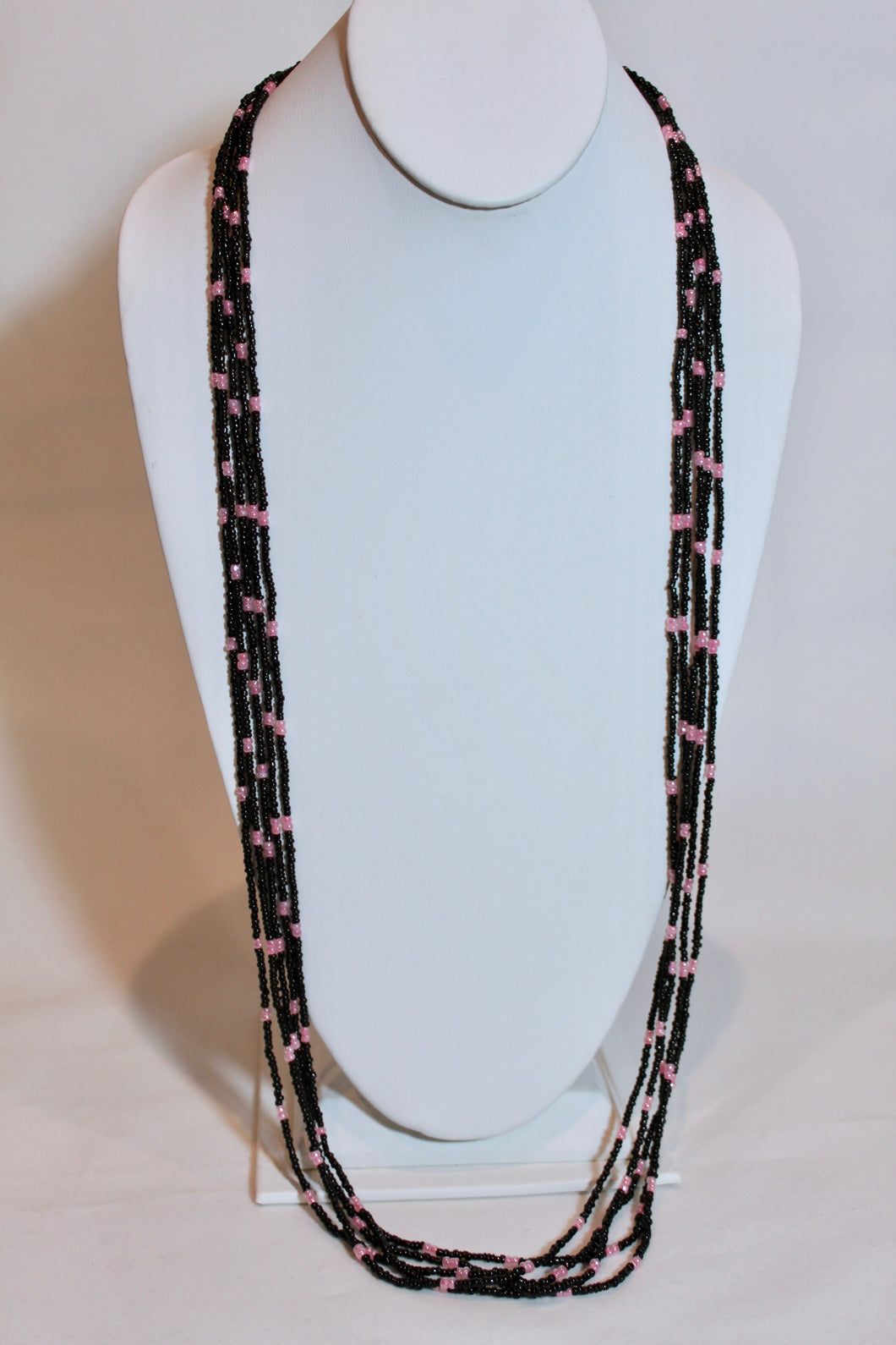 5 Strand Long Necklace - Black & Pink