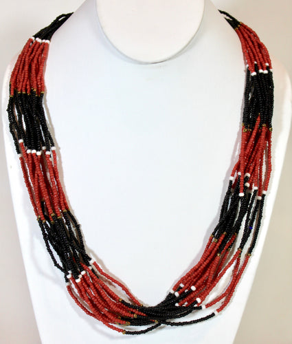 14 Strand Necklace - Red, Black & White Color Block