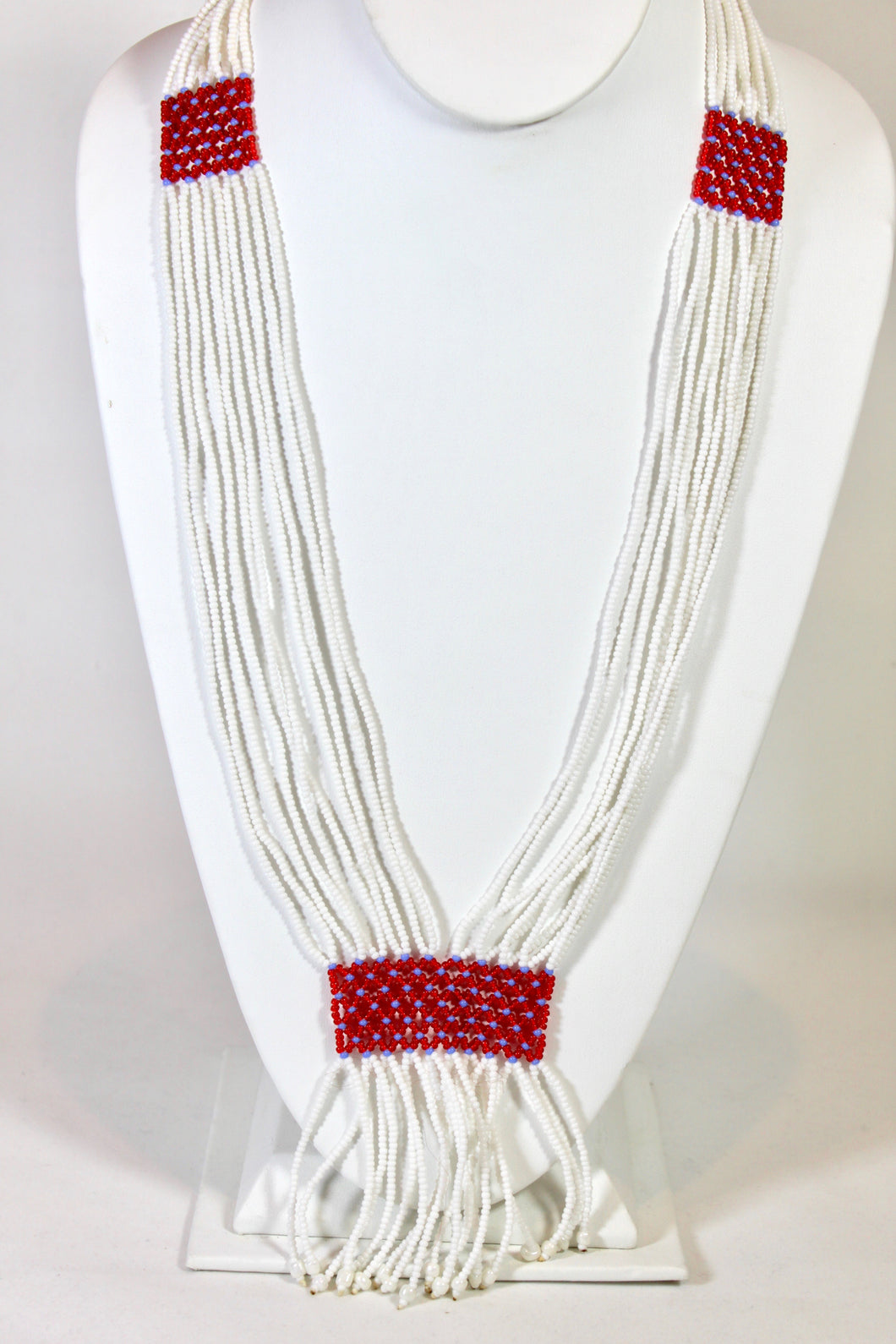 Geometric Shilluk Necklace - White with Red & Periwinkle