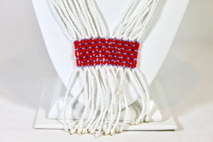 Geometric Shilluk Necklace - White with Red & Periwinkle