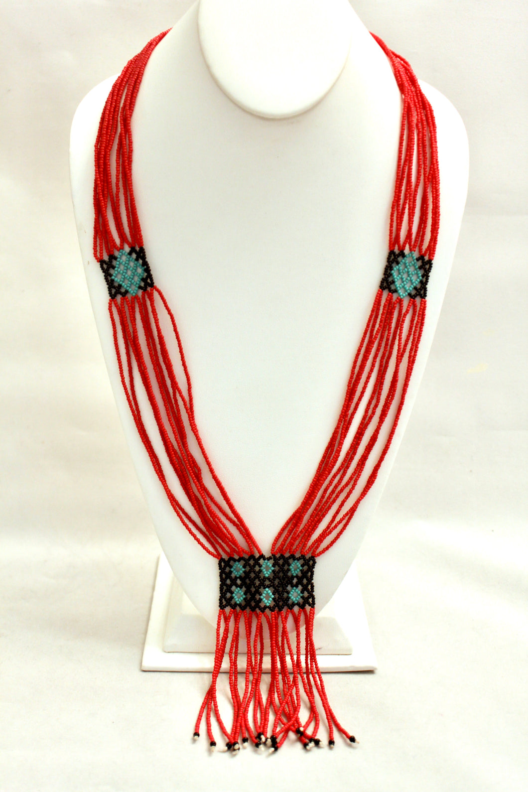 Geometric Shilluk Necklace - Red with Black & Aqua