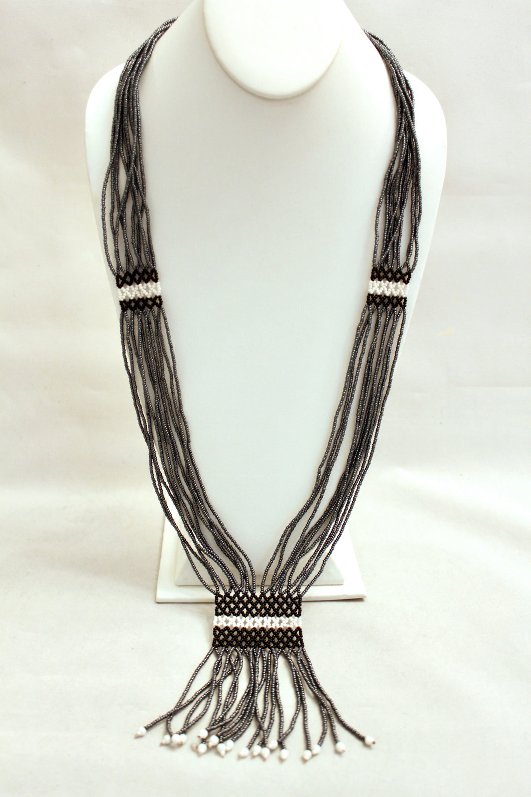 Geometric Shilluk Necklace - Pewter with White & Black