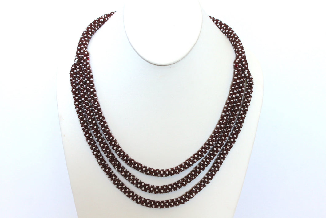 Triple Knitted Rope Necklace - Brown & White