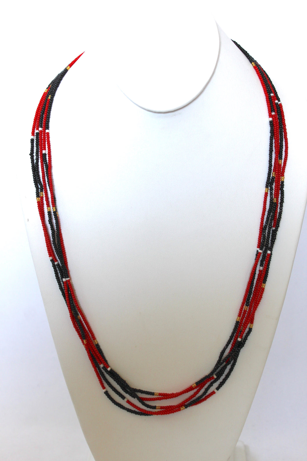 5 Strand Long Necklace - Red & Black with Gold & White