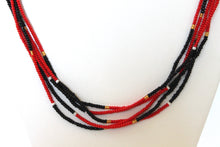 Load image into Gallery viewer, 5 Strand Long Necklace - Red &amp; Black with Gold &amp; White