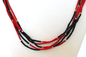 5 Strand Long Necklace - Red & Black with Gold & White