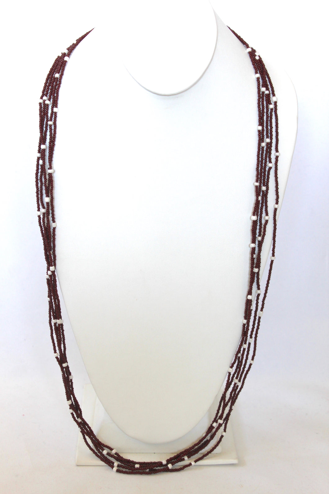 5 Strand Long Necklace - Brownish Red & White