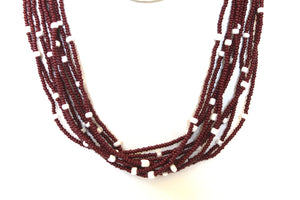 5 Strand Long Necklace - Brownish Red & White