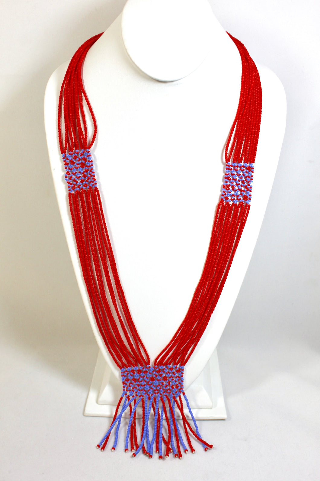 Geometric Shilluk Necklace - Bright Red & Light Blue